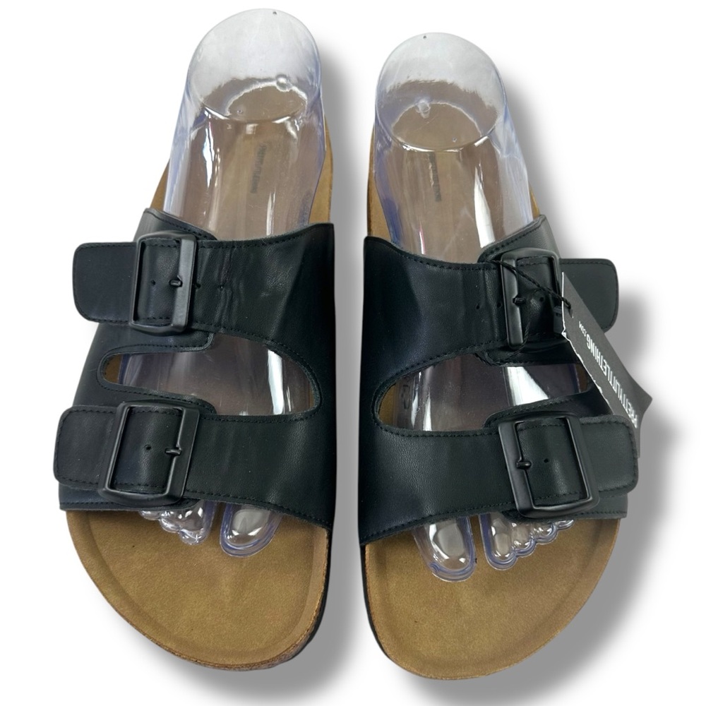 Pretty Little Thing Womens Size 10 Chunky Buckle Slide Sandal Black Faux Leather